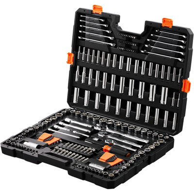 205 Piece Mechanics Tool With 1/4" 3/8" 1/2" Drive Socket , And Metric, Bits, Wrenches, Accessories, Storage Case, Cr - V For Long Lasting Use, High Torque Performance Pcs Kit, Sockets, Plating
