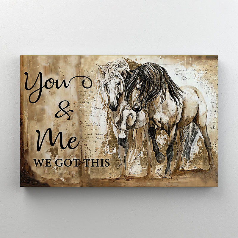 Paire de chevaux en noir et brun - "You and Me We Got This" - 1 pièce, impression d'art graphique rectangulaire sur toile tendue