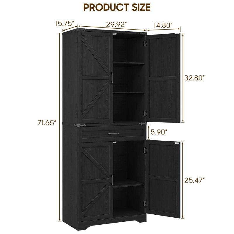 Armoire de rangement de style campagnard de 72 po de hauteur avec tablettes réglables, Noir