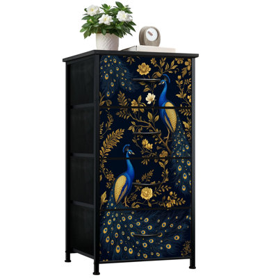 Commode pour la chambre à coucher avec 4 tiroirs de rangement Élégant paon floral bleu doré Tons de commode Commode en tissu avec cadre en acier pour chambre d'enfant