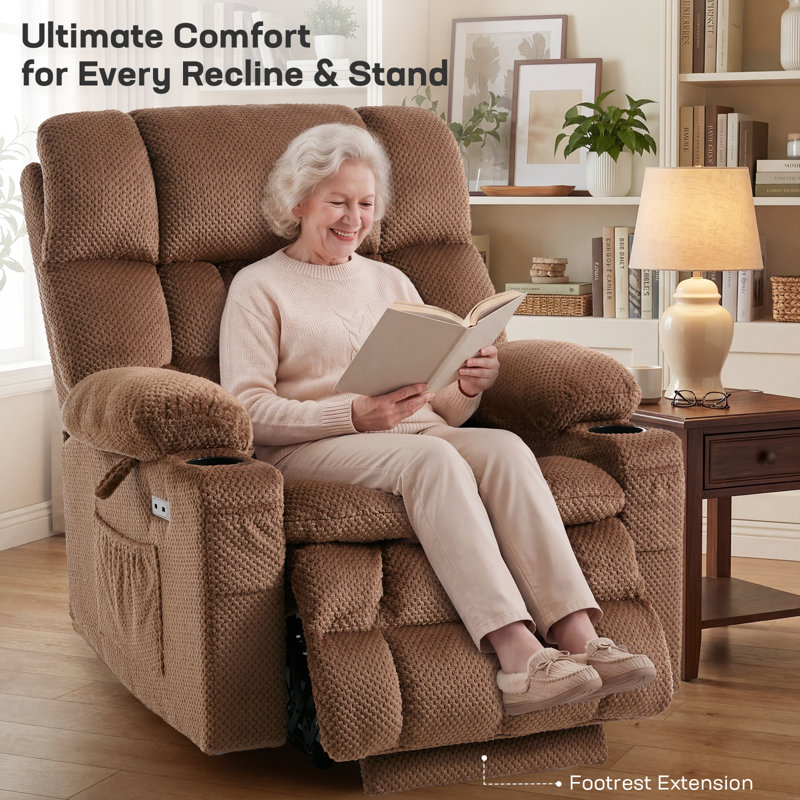 Dual Motor Power Lift Chair Recliner for Elderly with Massage and Heat, Infinite Position Electric Lift Recliner with Adjustable Headrest, USB (T6015 - Plush Fabric, Brown, Oversized)
