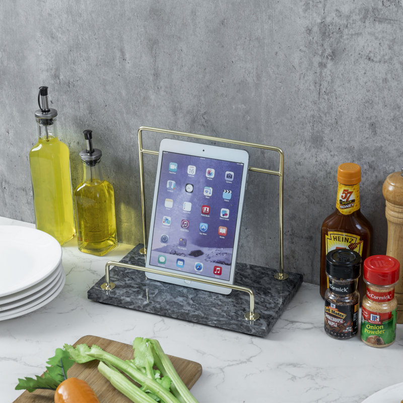 Black Marble Cookbook Display Stand with Brass Tone Metal Rail