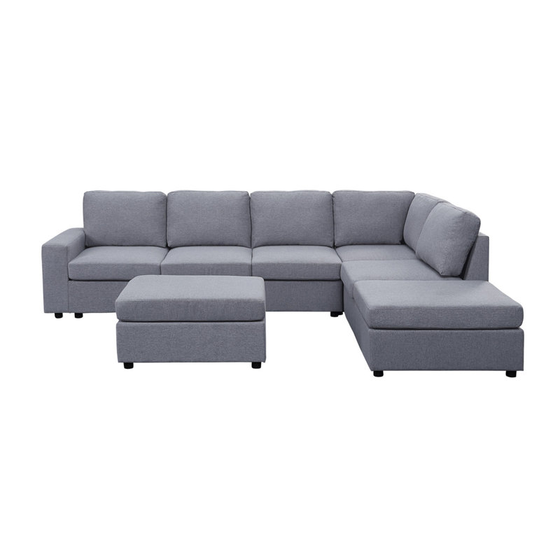 Marley 120" Light Grey Linen 7 Seat Reversible Modular Sectional Sofa With Ottoman