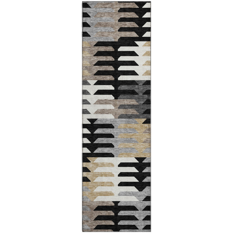 Premium Machine Washable Mayfield AMF2328 Geometric Rug, 2'3" x 7'6" Runner, Black