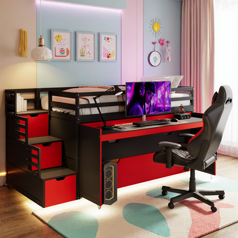 Lit mezzanine avec bureau coulissant et lit gigogne simple, tiroirs et marches, Black+Red, Twin XL