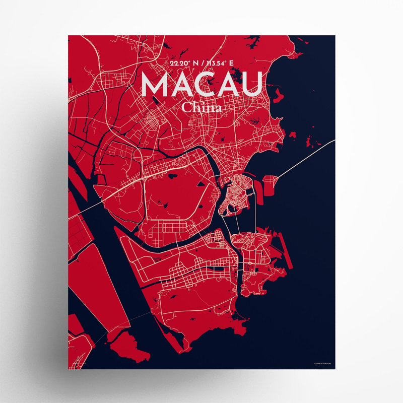 Macau, carte de la ville, impression, Rouge / bleu marine, H 20 po x l 16 po
