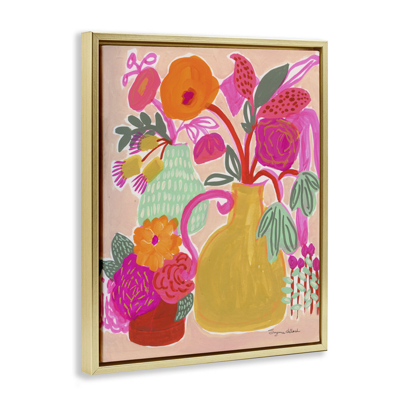 Cadre flottant rose vif et jaune, design par Suzanne Allard, H 31 po x l 25 po, Cadre flottant métallique doré