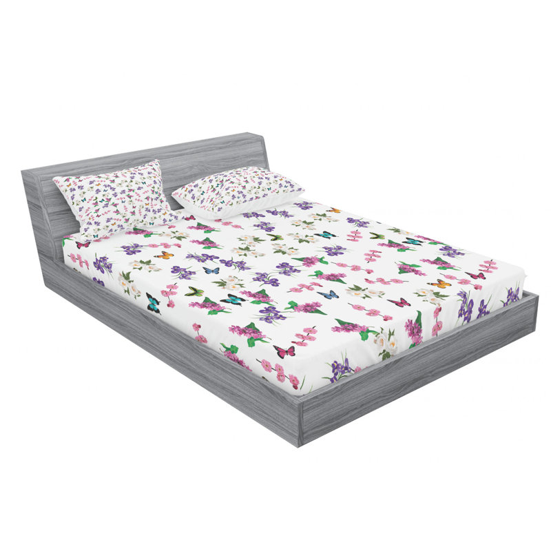 Ambesonne Fitted Sheet & Sham Set, Full Sheet Set with 2 Pillowcases, Pink/White/Purple Floral 4