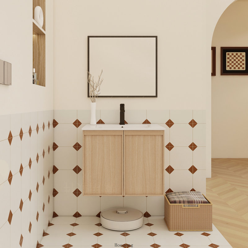 Meuble-lavabo flottant 24 po en chêne clair moderne avec lavabo, lavabo en céramique