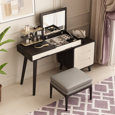 Ensemble de coiffeuse de maquillage de haute qualité, 5 tiroirs, évolutif, très facile à assembler, comprend un tabouret de maquillage
