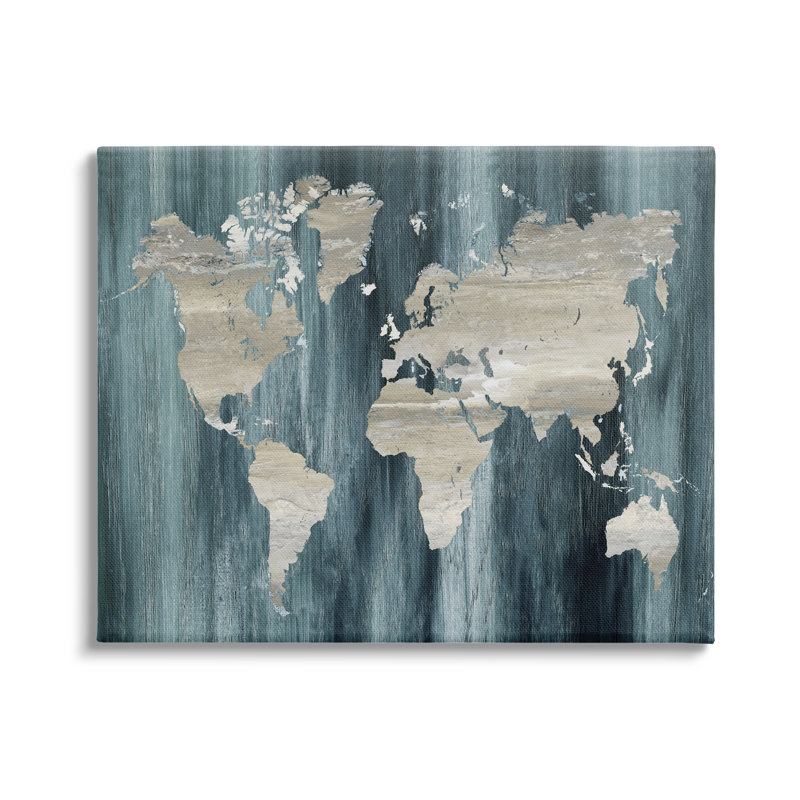 Carte du monde à motif de grain rustique par Nan - Peinture, Toile tendue, H 16 po x l 20 po x P 1,5 po