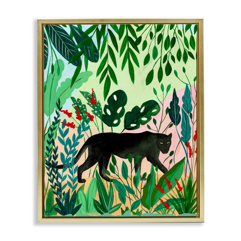 Cadre flottant Stoic Panther Tropical Forest, design par Nabeela Rumi, H 21 po x l 17 po, Cadre flottant métallique doré