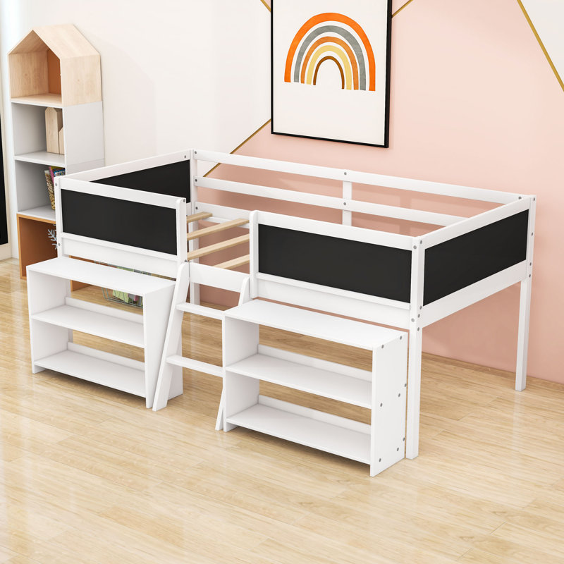 Multi-Functional Twin Wooden Low Loft Bed With Decorative Chalkboards And Shelves, White