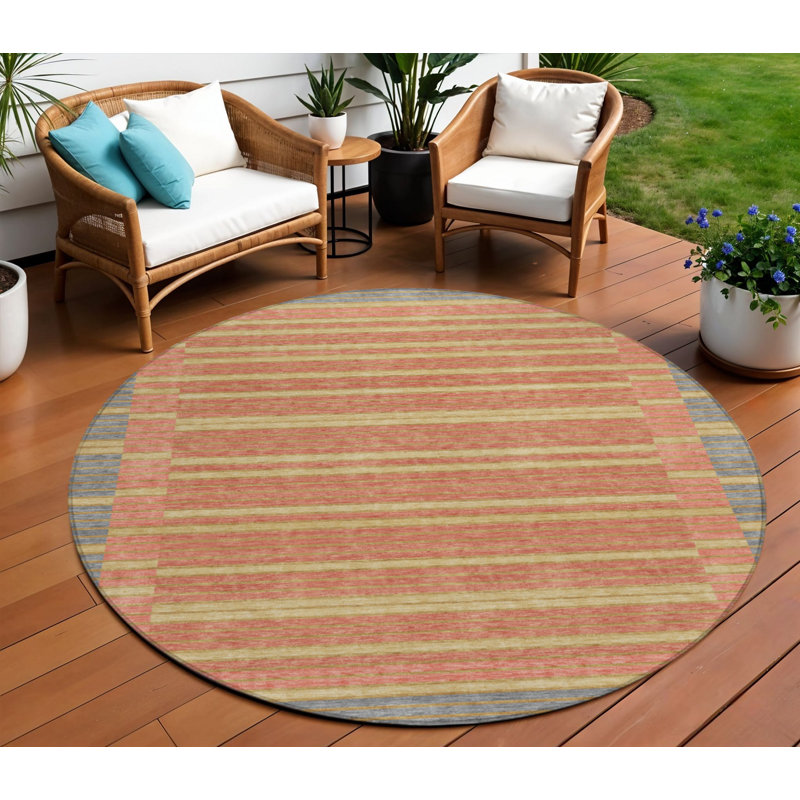 Tapis intérieur lavable rayé rond 8 pi étain et doré