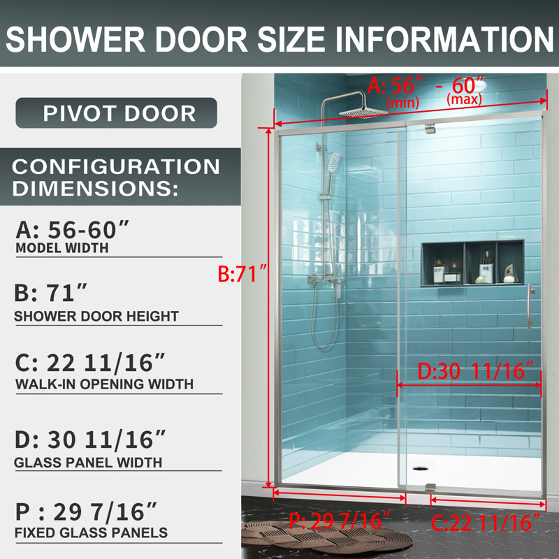 56 - 60 in. W x 71 in. H Pivot Semi-Frameless Sliding Shower Door  with Clear SGCC Tempered Glass, Brushed Nickel