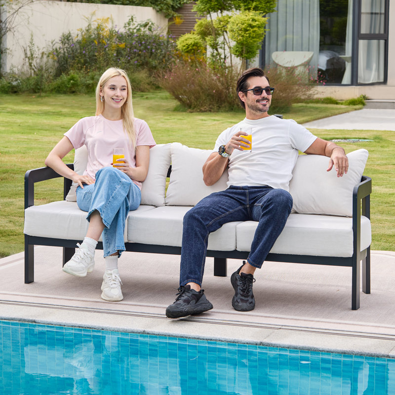 3-Person Patio Sofa With Thick Cushions, White Cushion/Black Frame