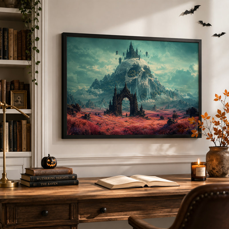 Château gothique sur la montagne du crâne avec toile murale d'Halloween flottante, H 20 po x l 30 po