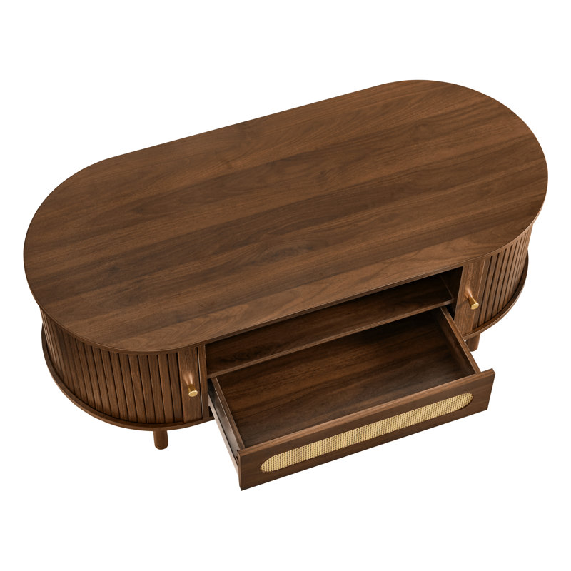 Table basse ovale moderne de 47,2 po avec porte coulissante en rotin, tiroir et rangement ouvert, pieds en bois massif