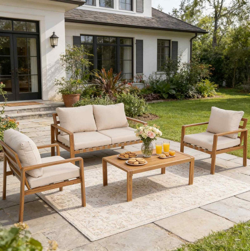 Ensemble de meubles d'extérieur 4 pièces avec causeuse coussinée et 2 fauteuils et table basse