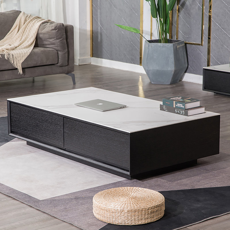 Table basse haut de gamme en bois massif, Blanc / noir, H 14,2 po x L 55,1 po x l 31,5 po