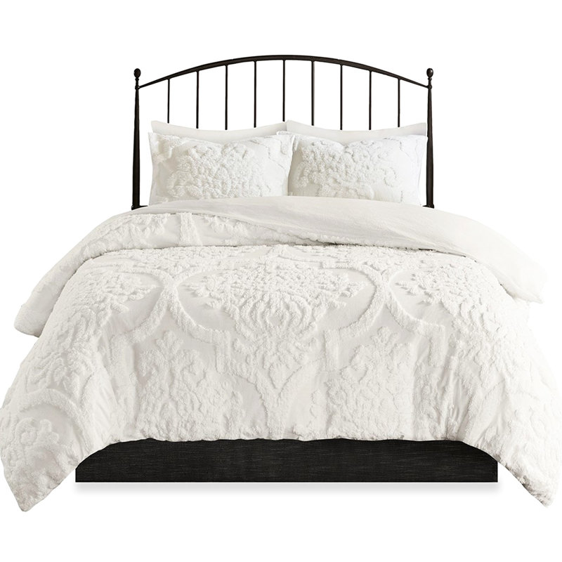 Housse de couette double en coton chenille, blanc avec bouton et cravate comprenant 3 éléments, Blanc cassé
