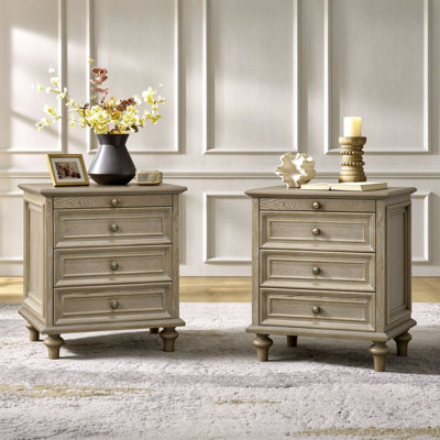 Ensemble de 2 tables de chevet avec 4 tiroirs, table de bout en bois avec tablette coulissante dissimulée, grande table d'appoint avec 4 pieds en bois massif et poignée en métal, assemblage facile, naturel / blanc Farmhouse