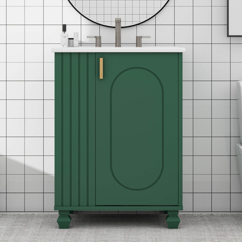 Meuble-lavabo 24 po avec lavabo en céramique, armoire de rangement multifonctionnelle avec porte et support latéral, Green