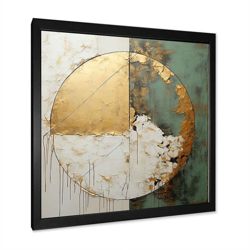 Gold And Green Paint Fusion I - Abstract Painting Wall Art For Living Room, Black Picture Framed, 24" H x 24" W