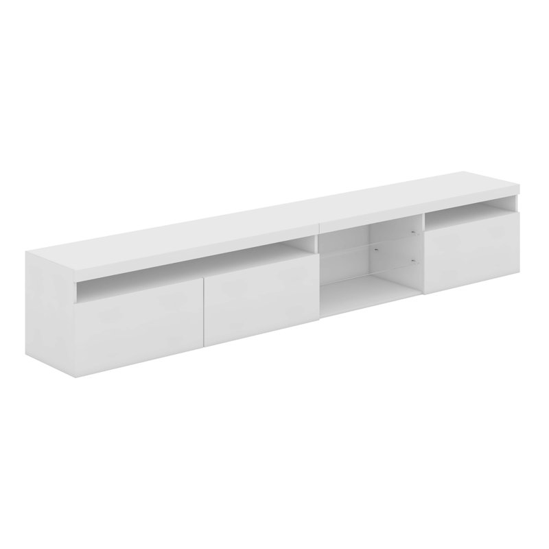 Meuble télé avec lumières DEL - 2 tablettes en verre et armoires de rangement cachées, Blanc