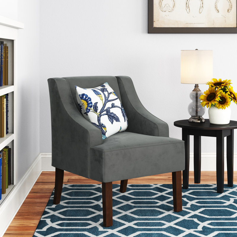 Daryann 63.5Cm Wide Upholstered Velvet Armchair, Bella Gunmetal Performance Velvet, Dark Walnut