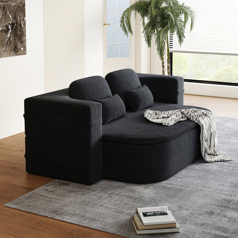 75''2-In-1 Foldable Sofa, Black Corduroy