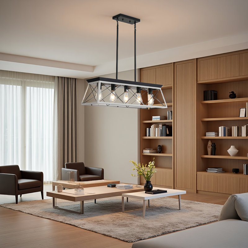 5 - Light Kitchen Island Linear Pendant with Wood Accents, Matte Black/White