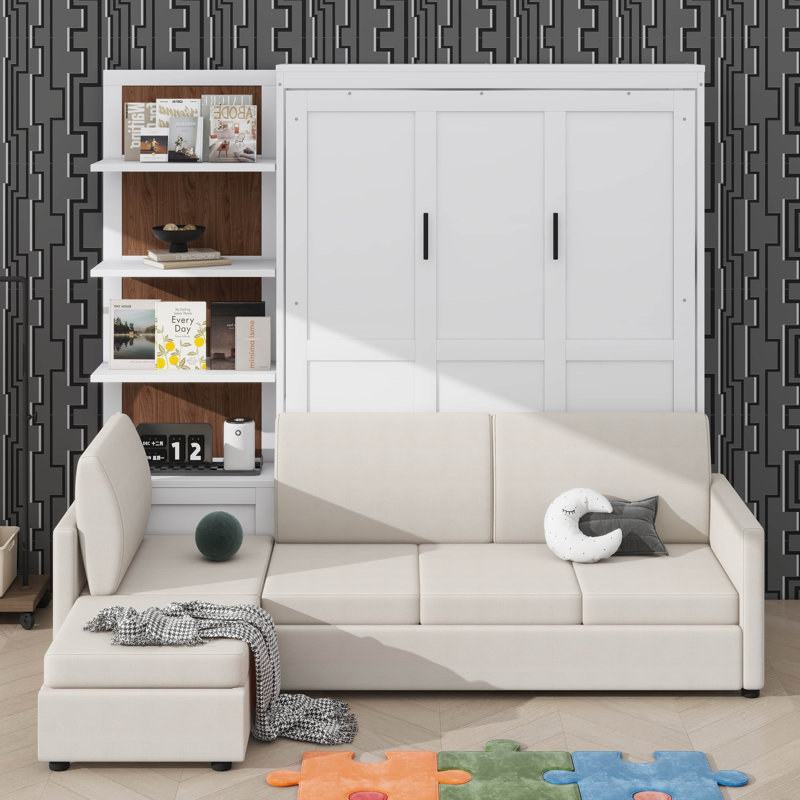Grand lit escamotable mural avec canapé et tablettes, Blanc