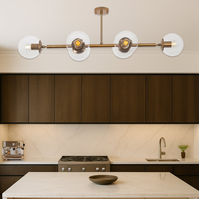 Luminaire suspendu linéaire en verre 6 lumières, Doré, Clair