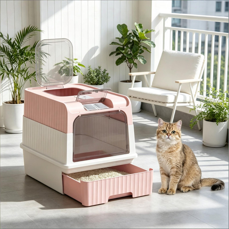 Litière pour chat compacte, entièrement fermée avec sortie supérieure (rose)