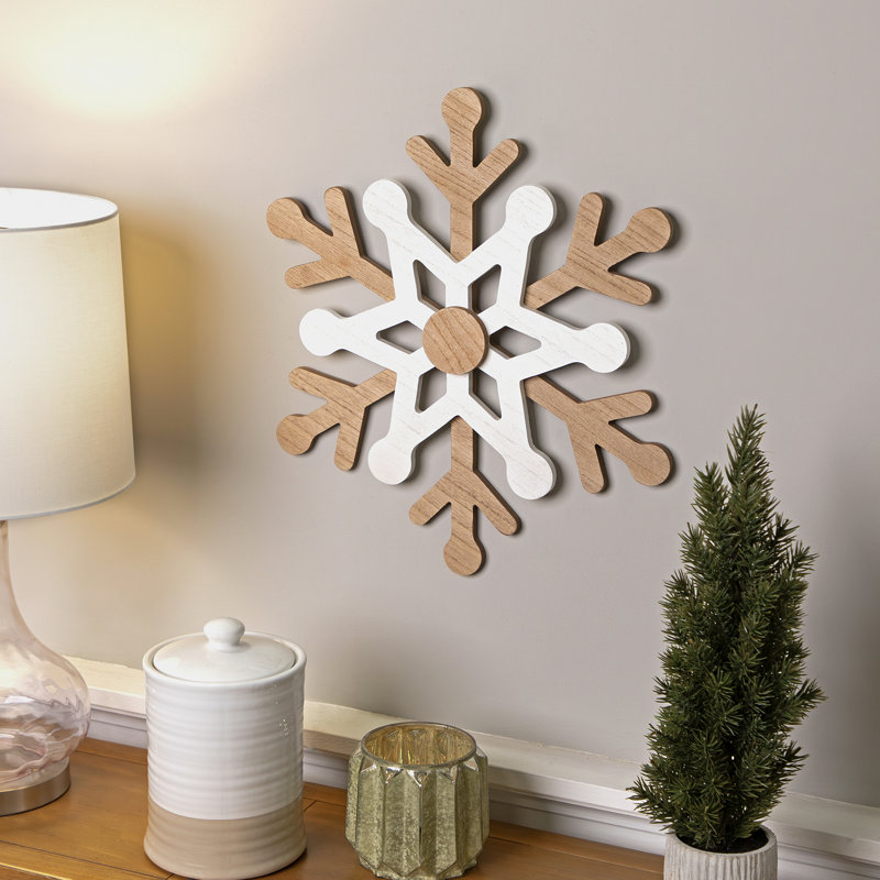 Natural Wooden Snowflake Christmas Wall Decoration - 17.75 - Beige And White