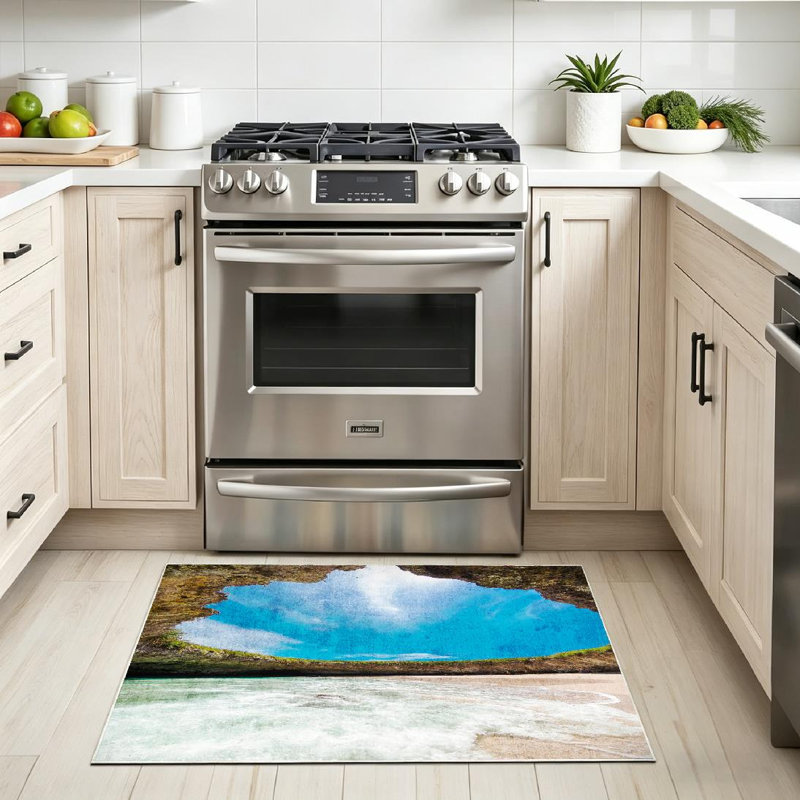 Magnifique tapis d'intérieur bleu lavable à la machine bleu Beach Island Mexico Scape, Rectangle 32" x 47"
