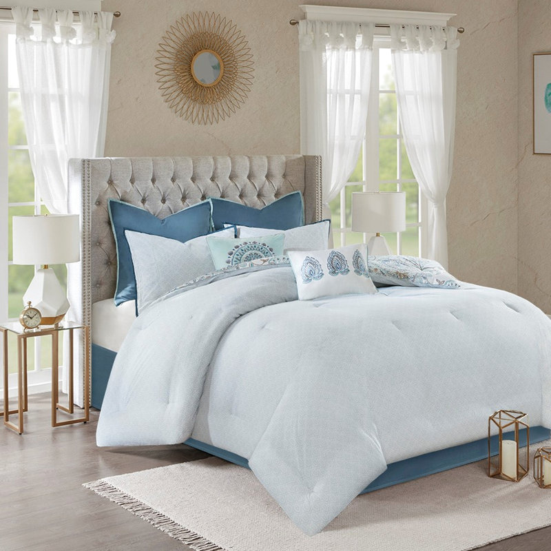 8 Piece Cotton Bedding King Blue - Printed Floral Reversible, Solid Euro Shams, Bed Skirt Comforter Watercolor Medallion Print,
