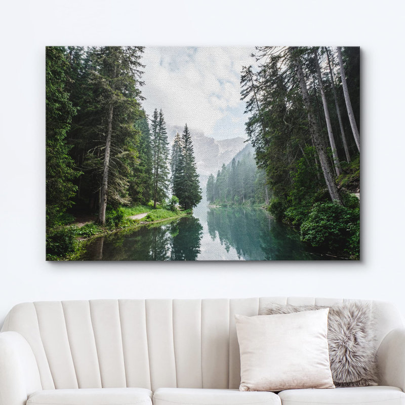 Lake River Landscape " Fall Green Forest With Lake Reflection ", Wrapped Canvas, 12" H x 18" W x 1.5" D