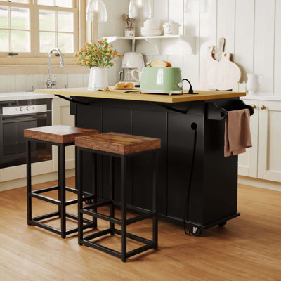 Ensemble d'îlot de cuisine avec abattant et 2 sièges, ensemble de table de cuisine avec armoire de rangement Farmhouse