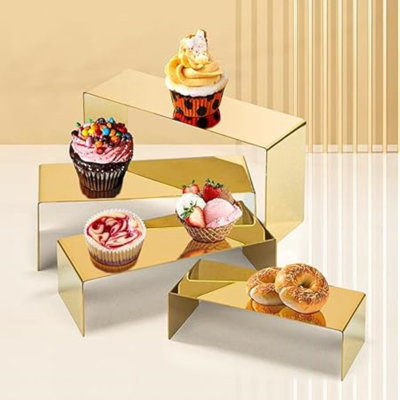 4 Piece Stainless Steel Display Risers Perfect Stands for Showcasing Cupcakes, Desserts, Perfumes, Handbags, Shoes, Jewelry, and Collectibles