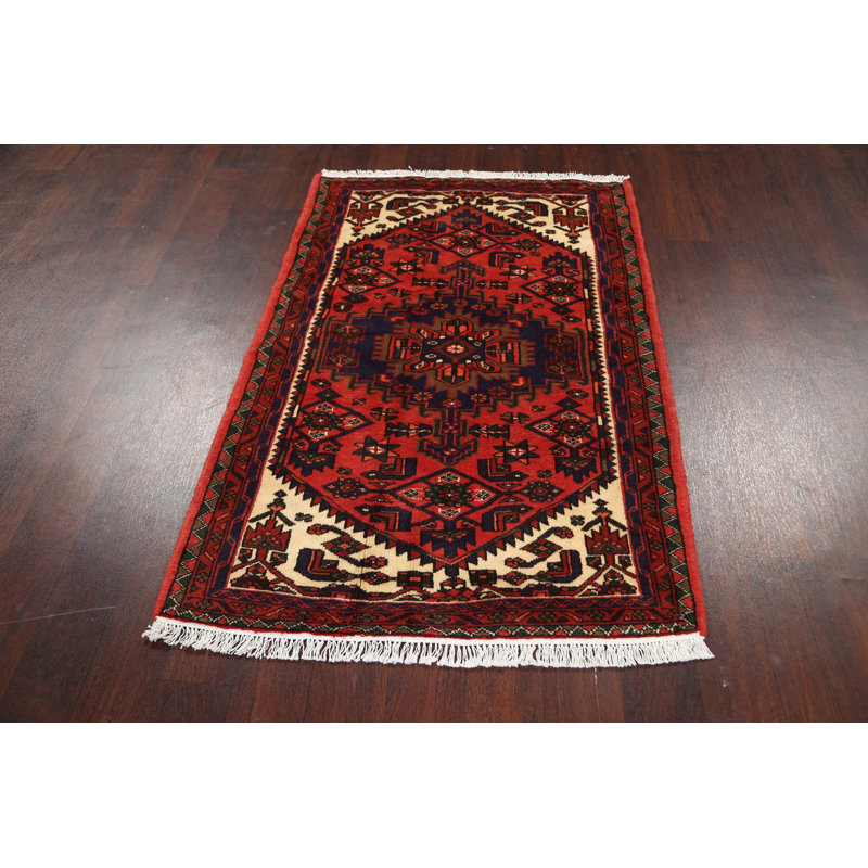 Tapis rouge en laine noué à la main de conception unique 3 pi 2 po x 4 pi 11 po Adeel