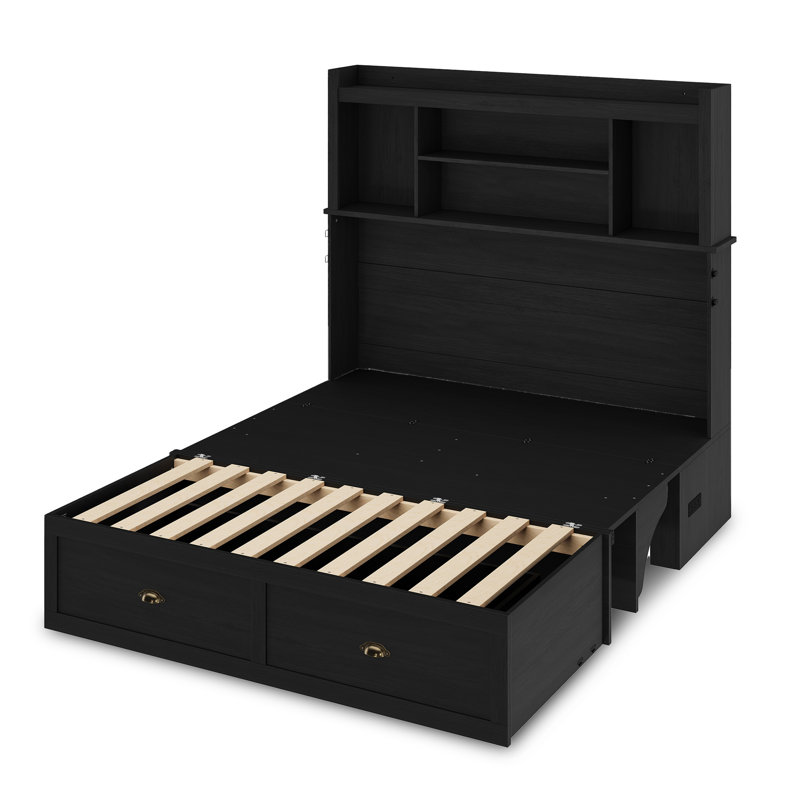 Farmhouse Full Murphy Bed with  Bookcase Headboard & Built-In Desk & LED Lights Black, Black, Full