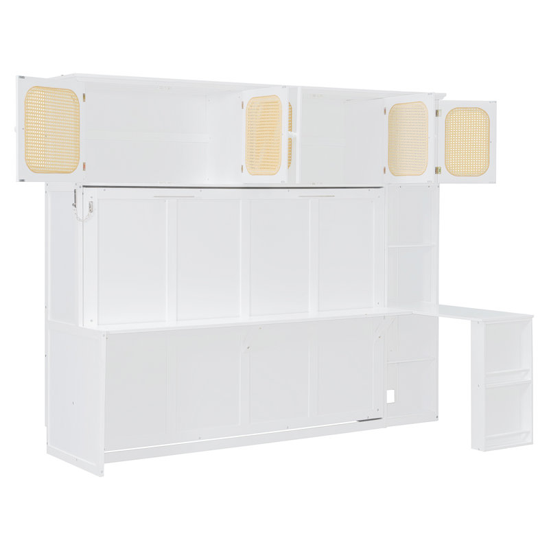 Lit escamotable double avec bureau et armoires en rotin, lit mural peu encombrant pour bureau à domicile, lit de rangement convertible, blanc chaud