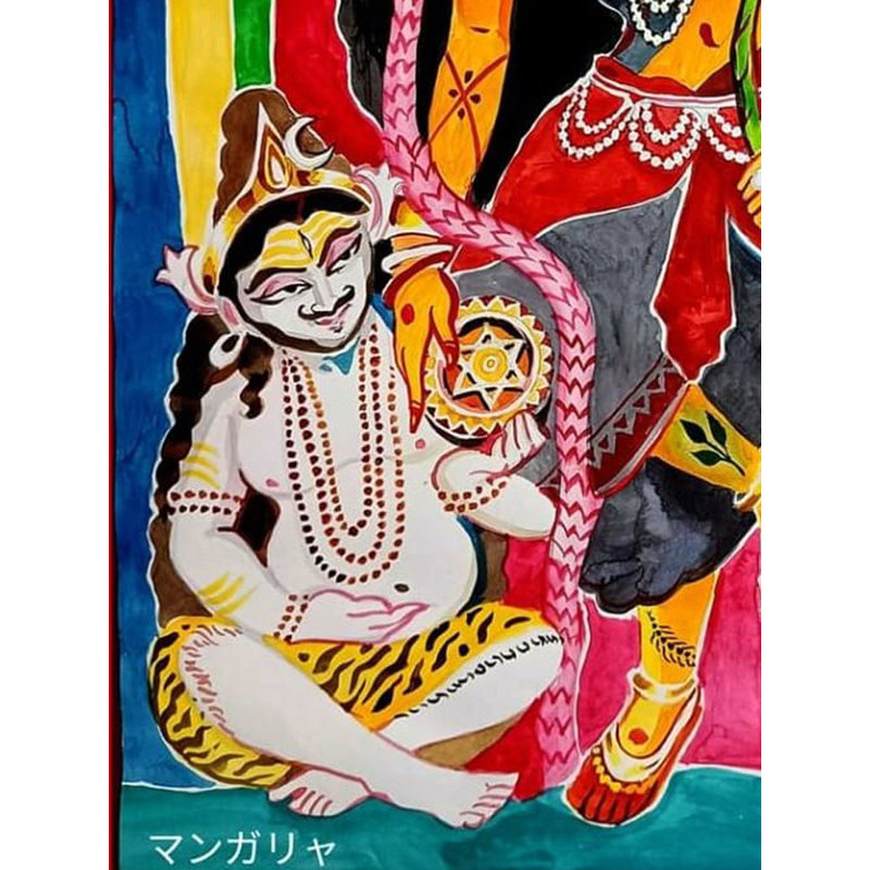 Déesse Durga bénissant Shiva et Krishna | Aquarelle sur papier | Mangaly Ghosh