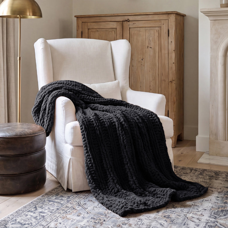 Hand-Knit Chenille Chunky Throw Blanket, Black