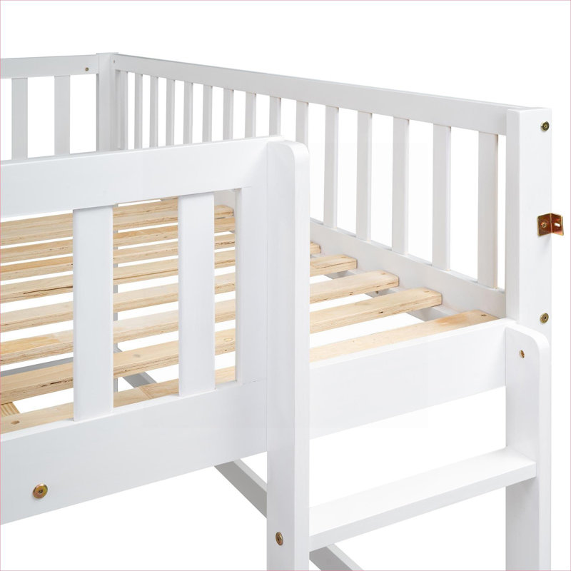 Solid Pine Platform Low Loft Bed Full Size Compact Space-Saving With Ladder And Slide White-Toned