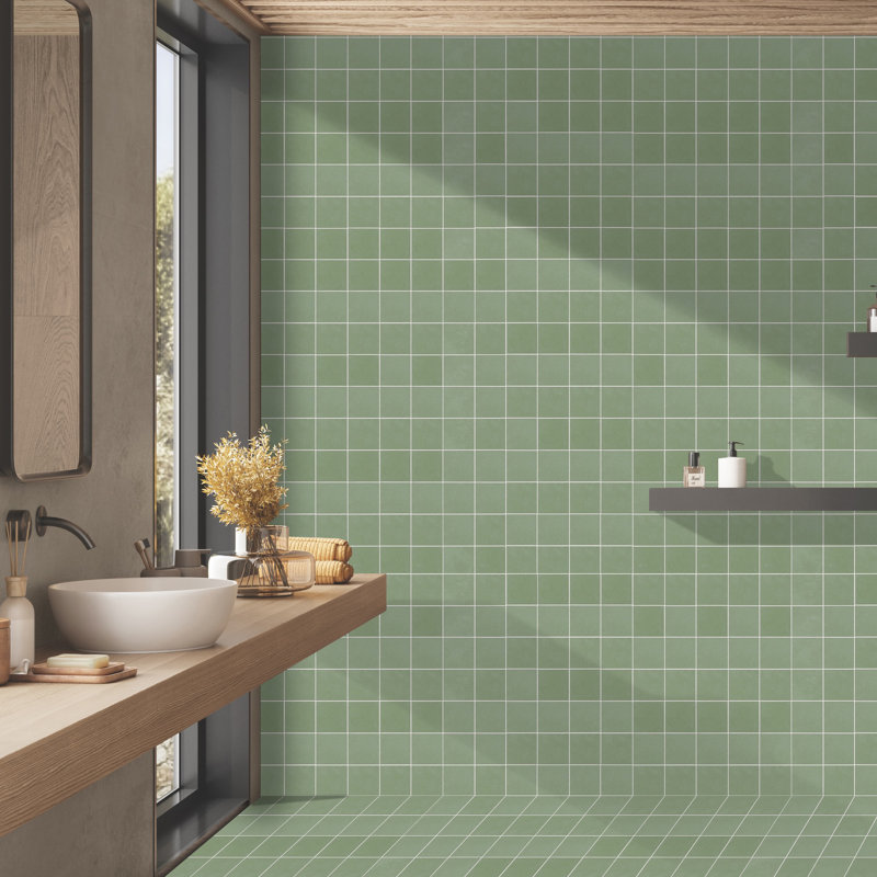 Literary License 3'' W x 3'' L Porcelain Concrete Look Tile Grid Mosaic Sheet, Fern
