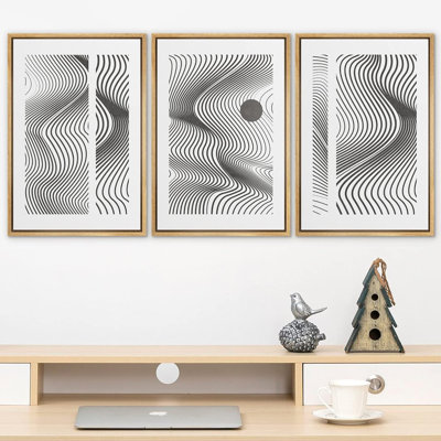 «Motif de vagues géométriques 3D, paysage abstrait, formes neutres, art moderne et contemporain», 3 pièces