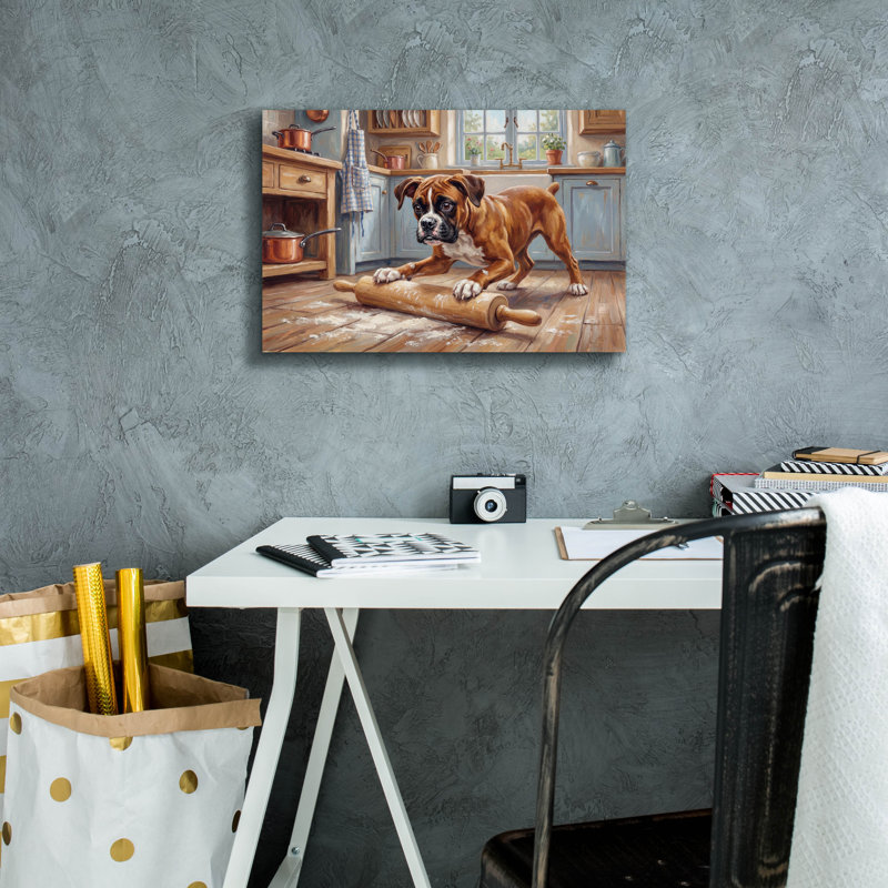 «Boxer In The Kitchen» par Rich Monet, art mural sur toile, H 12 po x l 18 po